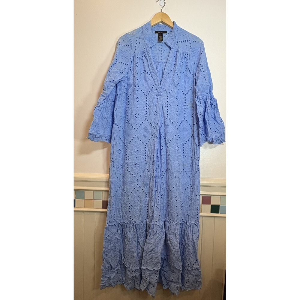 Smythe Womens Medium Blue Eyelet Lace Trumpet Tiered Maxi Dress Bell Sleeve READ